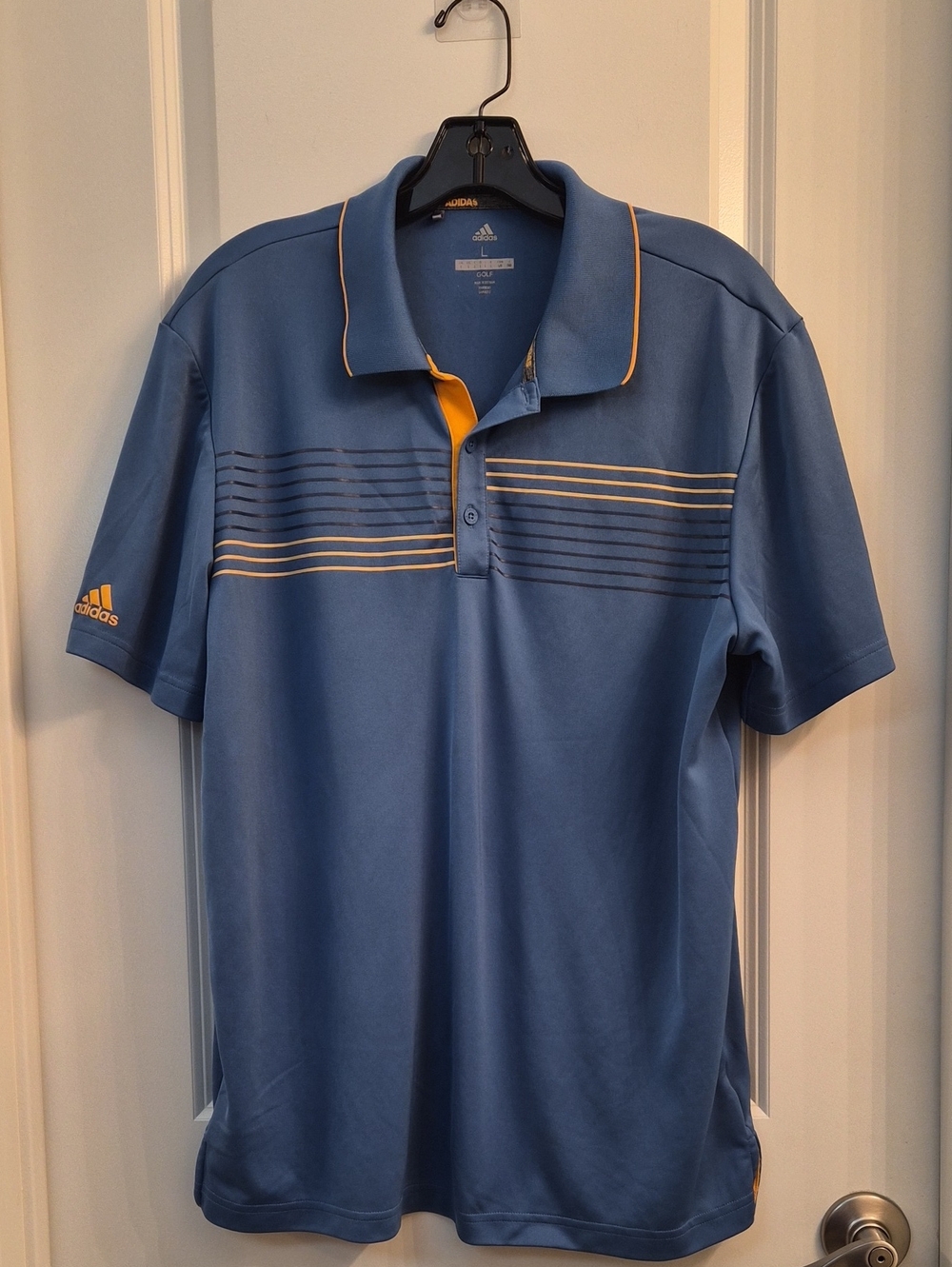adidas Blue Polo with Yellow Trim and Stripe Detail.Size L